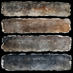 Four grunge watercolor banners with rough edges in muted earth tones on black