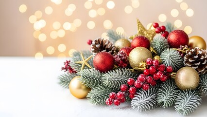 Festive Christmas Decoration with Red and Gold Ornaments on Table with Bokeh Lights