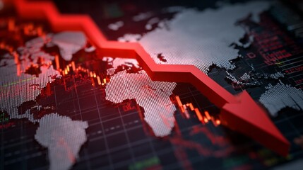Global economic decline with downward trend showing world map and financial data in background illustrating market challenges and investment risks in business