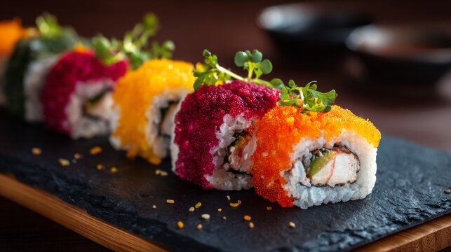 Colorful sushi rolls presented on a black slate board with vibrant toppings and fresh herbs, showcasing gourmet Japanese cuisine at its finest.