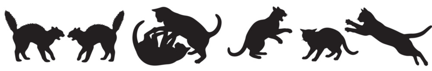 Collection of black cat silhouettes in various dynamic poses, including playful interactions, arched backs, and jumping movements.