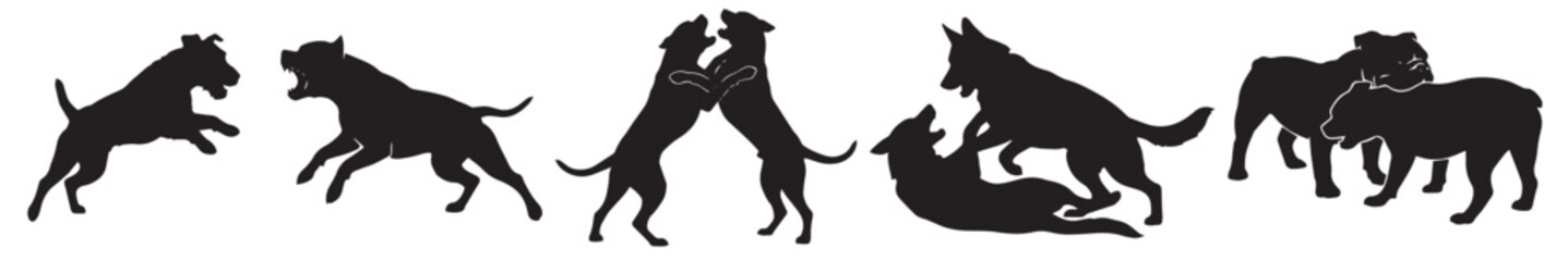 Silhouettes of various dogs in different dynamic poses, including jumping, barking, playing, and fighting, against a white background.