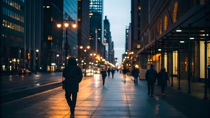 Obraz premium City Street At Dusk With Pedestrians Walking Under Lamplight Reflections On Wet Pavement
