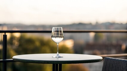 Fototapeta premium Clear Glass of White Wine on Round Table with Blurred Cityscape Background at Golden Hour