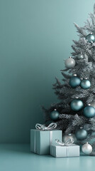 Christmas tree branches covered in frost, decorated with blue and silver ornaments, standing next to wrapped gift boxes, creating a festive holiday atmosphere