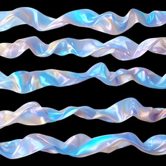 Five iridescent flowing ribbons wave abstractly against a stark design