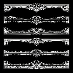 Six elegant art deco horizontal divider lines featuring stylized shell motifs and geometric patterns