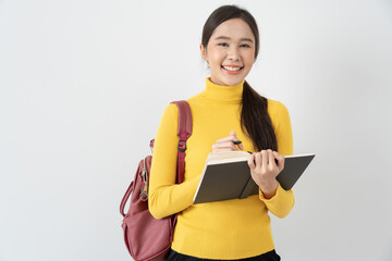 Portrait beautiful Asian woman student. Smile girl happy study. read book in college campus. young female on international Asia University. Education, study, school, learning, exam, continue education