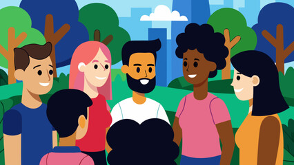 Diverse teamwork in a vibrant, flat-vector scene