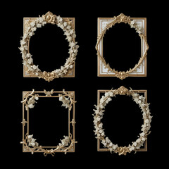 Four ornate gold picture frames with delicate white floral wreaths