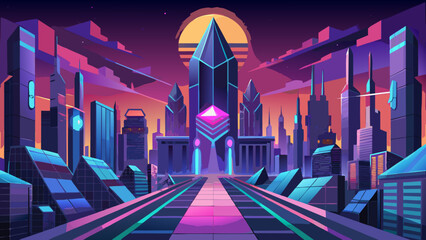 Retro-futurist neon cityscape with bold geometry in a cohesive vector style