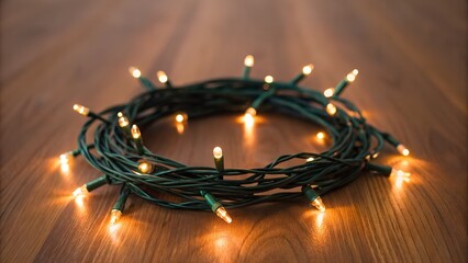 Coiled Green String Lights With Warm Orange Bulbs On A Wooden Floor