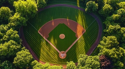 A drone view of a perfectly manicured baseball diamond with crisp lines defining the infield and outfield
