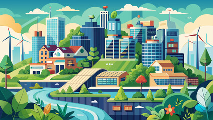 Green city, new nature. Flat vector harmony.