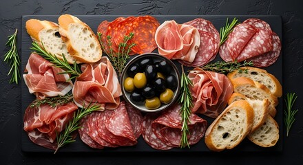 Delicious Charcuterie Board with Meats, Olives, and Bread.