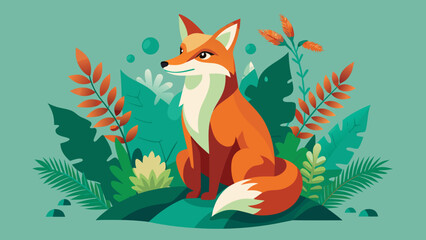 Nature-inspired fox among ferns and orchid in flat vector elegance