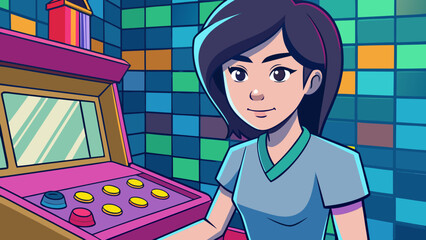 Cozy retro arcade moment with a stylish 20s Asian woman in muted neon tones