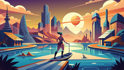 Retro-future river ride: a bold, neon-soaked leisure scene in flat vector