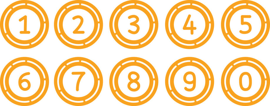 Collection of number icons from 0 to 9 bullet points with a yellow circle design