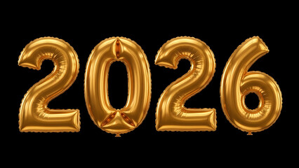 Golden 2026 balloon numbers isolated on transparent background for design