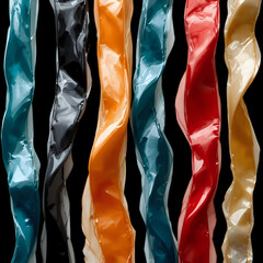Abstract glossy ribbons of vibrant colors flow vertically against a stark design