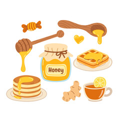 Cozy breakfast illustration with honey jar, pancakes, waffle, ginger, candy, spoon and tea. Warm hand drawn food set perfect for packaging, menus, recipe design and branding.