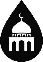 Mosque in teardrop shape with dome arches and crescent moon muslim pray icon showing qibla direction