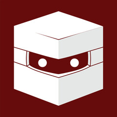 White cube character with red eyes and maroon background vector
