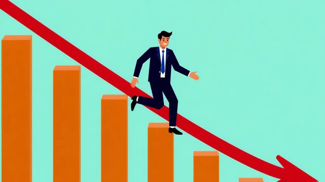 Businessman Sliding Down Declining Chart Representing Financial Loss and Downtrend