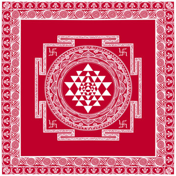 Maha Laxmi Sri Yantra, an intricate Yantra in Aipan Art that features folk, geometric and sacred elements, suitable for wall panels and religious invitations.