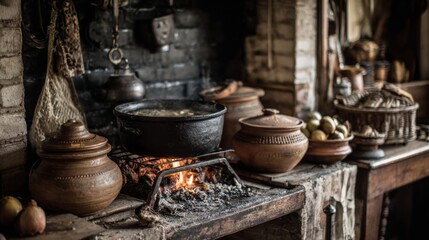 Rustic kitchen with traditional cookware and warm fire creating an inviting atmosphere for cooking and gathering in a historic setting