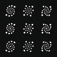 Collection of white abstract spiral shapes with stars, dots, and hearts on transparent