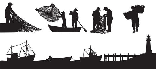 Silhouettes of fishermen working with nets in boats, hauling catch, and a lighthouse overlooking a harbor with ships and a pier.