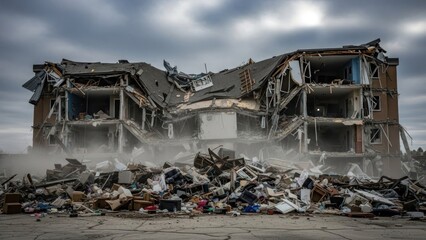 A destroyed building with debris and smoke in the aftermath of a disaster.
