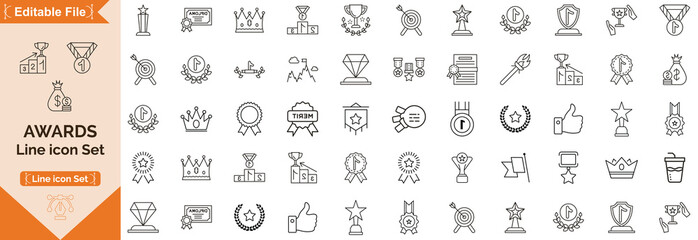 Awards icon set. containing badge, trophy, certificate, and more. Outline Icon Collection. Editable stroke. Vector illustration