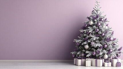 Flocked Christmas tree with snow effect branches and purple lavender decorations. Creating a festive holiday atmosphere with wrapped presents on a wooden floor