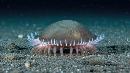 A sea creature with a dome-like structure and white tentacles on a sandy ocean floor.