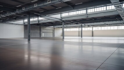 A spacious, empty warehouse with concrete floors and metal beams overhead.