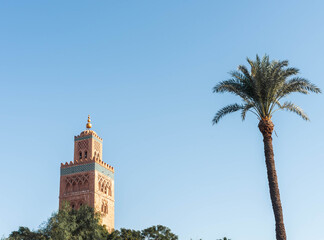 Fototapeta premium Mosquée Koutoubia et palmier, Marrakech, Maroc