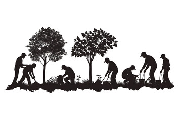 Community Planting Project Silhouette: A group of individuals comes together in silhouette to plant saplings. The image captures the essence of environmental preservation.
