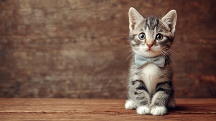 Obraz premium Adorable Gray Tabby Kitten with Blue Bow Tie Posed on Wooden Background Showcasing Playful Charm and Sweet Expressions for Animal Lovers