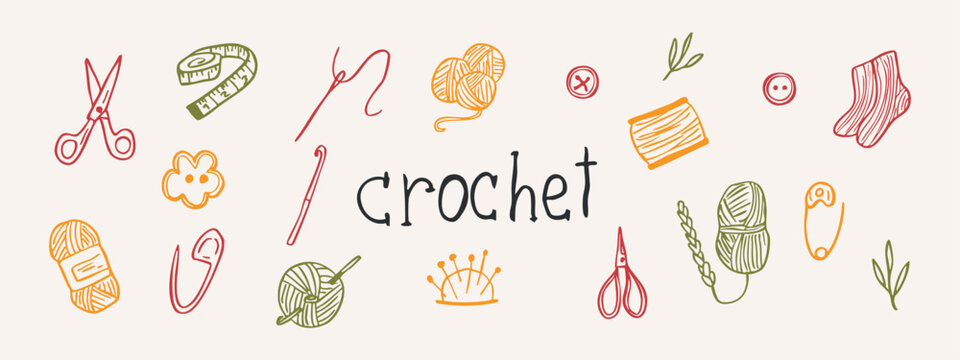 Hand drawn doodle crochet supplies collection
