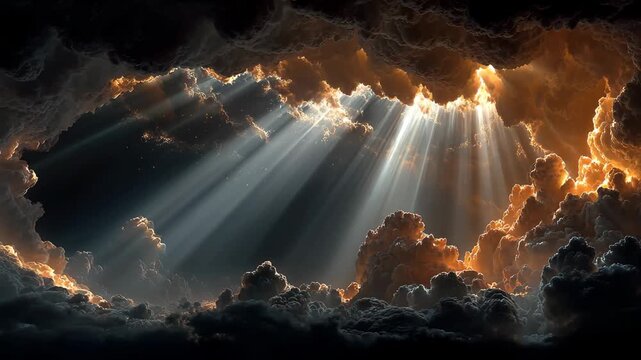 Dramatic heaven light beams shining through dark storm clouds opening background backdrop for religious church worship video and spiritual hope concept