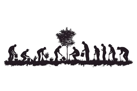 Hope for Future: Silhouette of individuals dedicated to cultivating nature. This graphic illustration encapsulates the essence of environmental stewardship and the nurturing of new life.