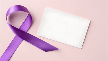 Purple Awareness Ribbon with Blank Card on Pink Background Representing Support and Hope