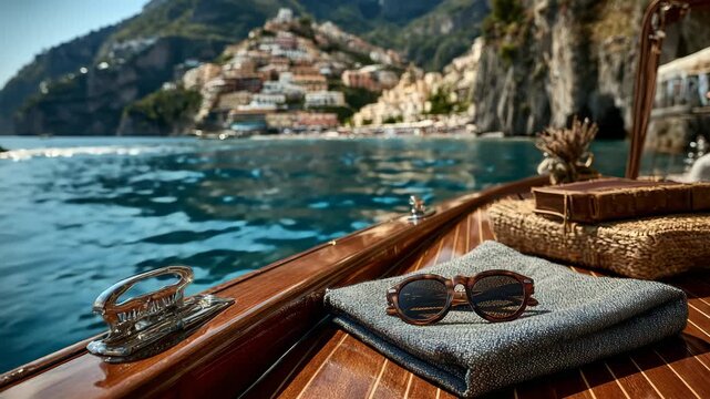 Luxury wooden private boat deck with sunglasses and towel sailing near Positano Amalfi Coast Italy background backdrop summer vacation travel and old money dolcevita lifestyle concept