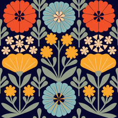 Colorful Retro Flower Pattern on Dark Blue floral bloom.