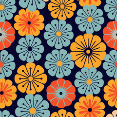 Colorful Retro Flower Pattern on Dark Blue floral bloom.