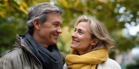 Mature caucasian couple enjoying autumn day in park with smiling faces and cozy scarves