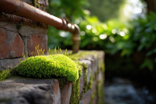 Lush green moss on rustic brick wall with copper pipe in garden setting